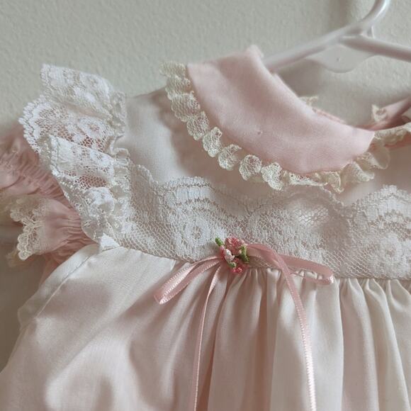 Vtg Bryan Pinafore Dress Baby Girls Sz 0-3m Pink Frilly Lace 80s Spring Easter - Picture 2 of 6